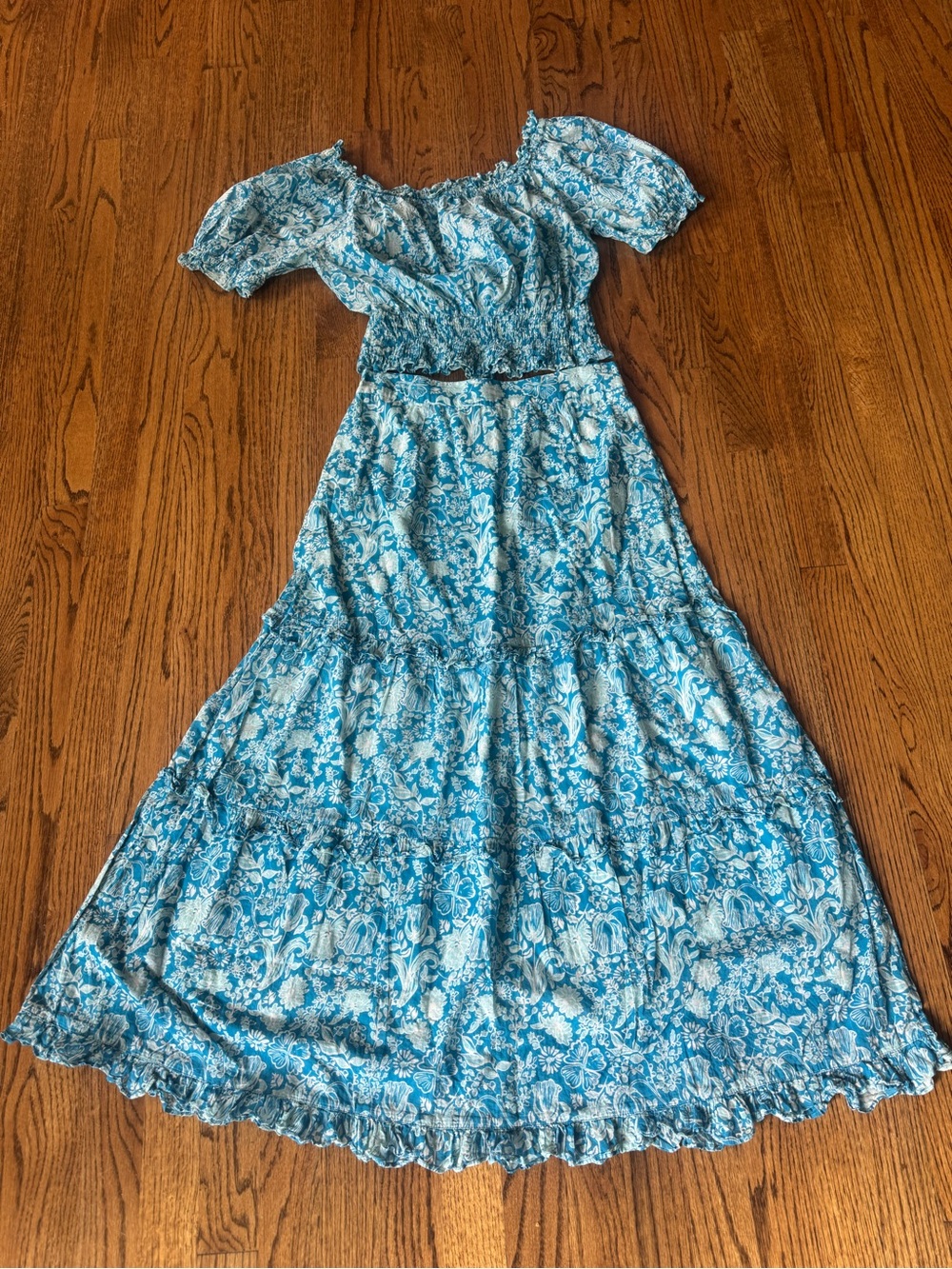 Olivia James The Label Sky Blue Floral Maxi Skirt and Crop Top